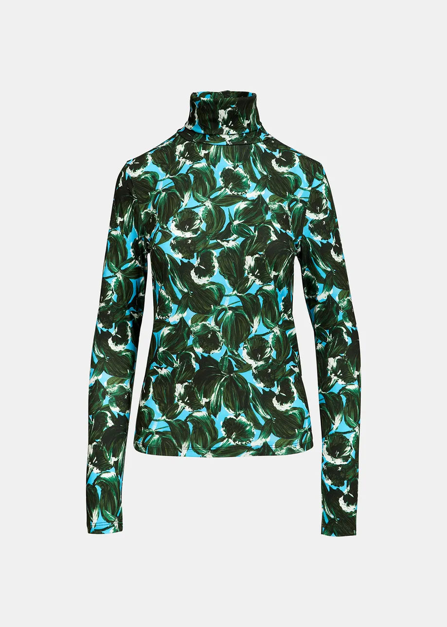 Blue and dark green leaf-print turtleneck top