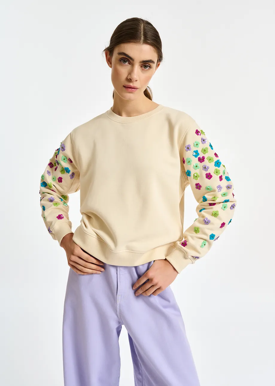 Off-white sweatshirt with multicolor sequin embroideries