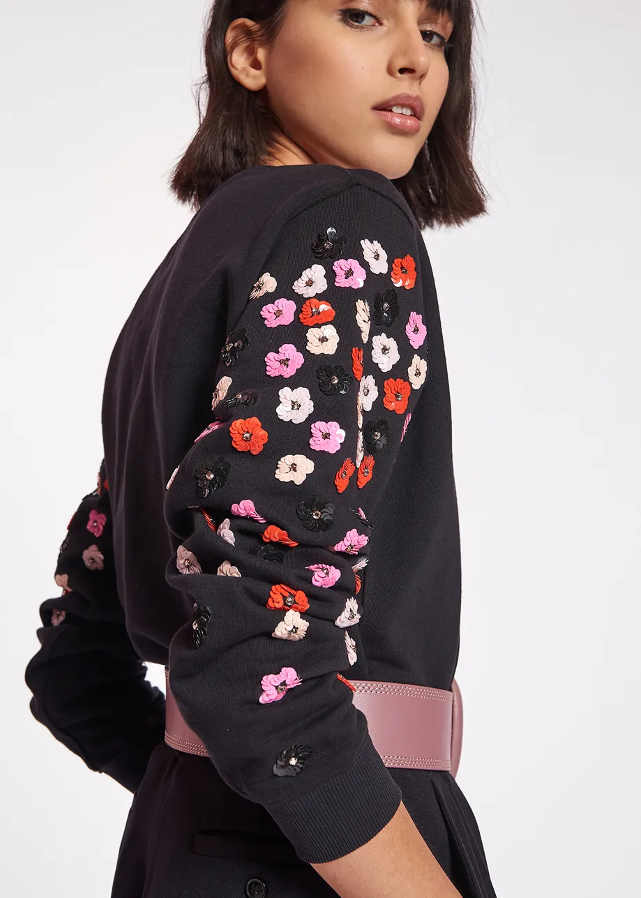 Black sweatshirt with multicolor sequin embroideries