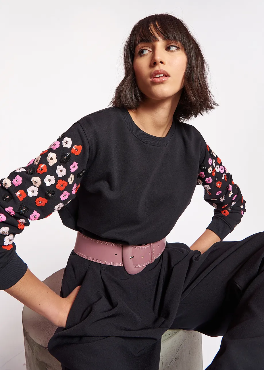 Black sweatshirt with multicolor sequin embroideries