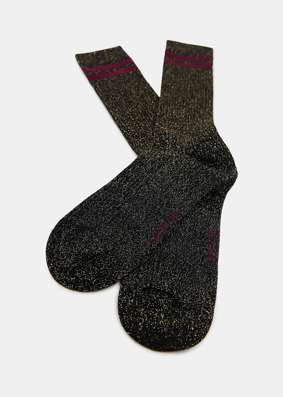 Black glitter socks with purple stripes