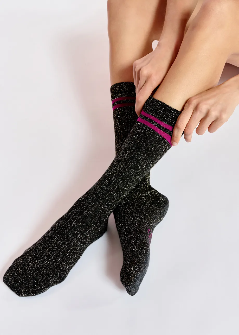 Black glitter socks with purple stripes