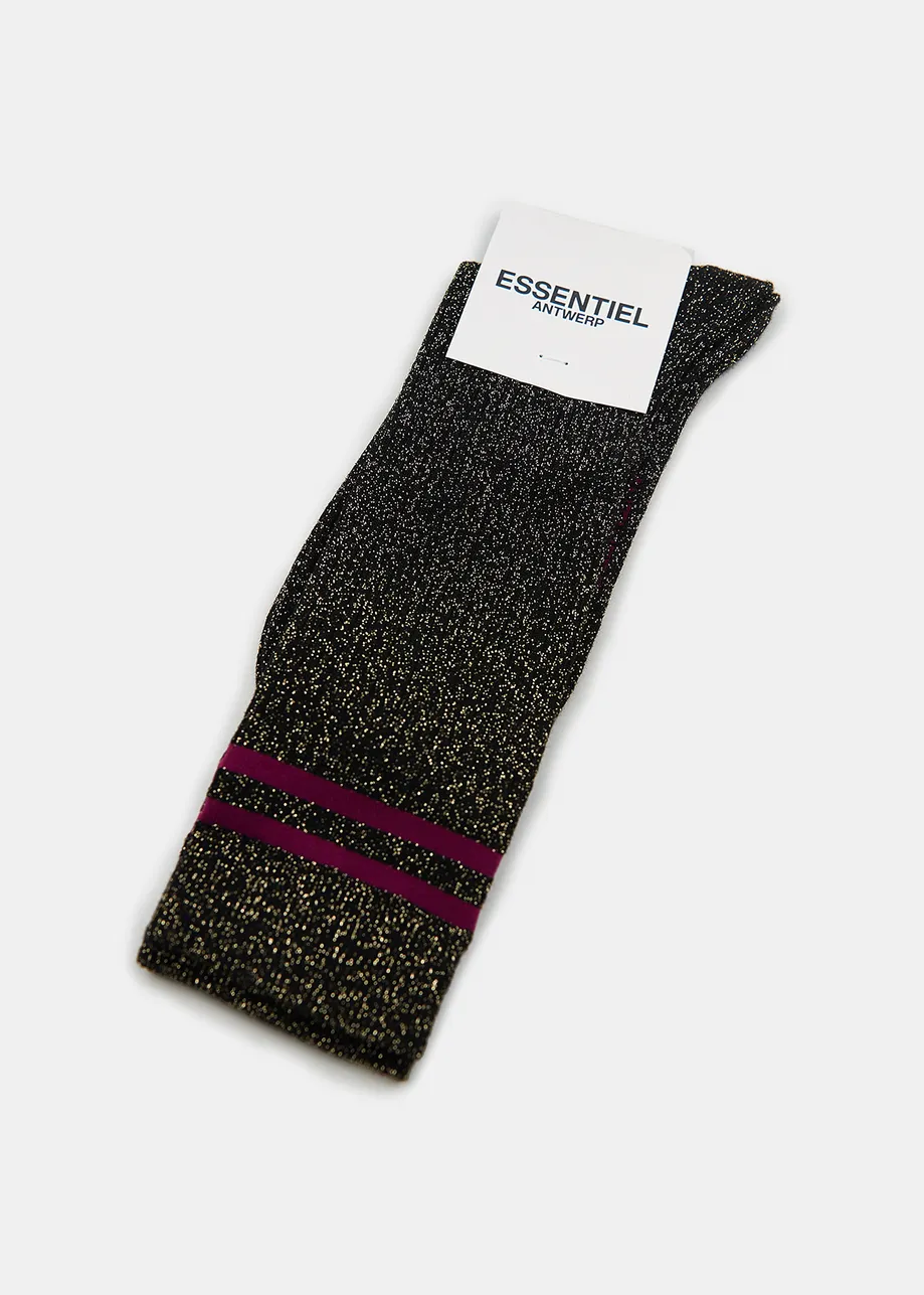 Black glitter socks with purple stripes