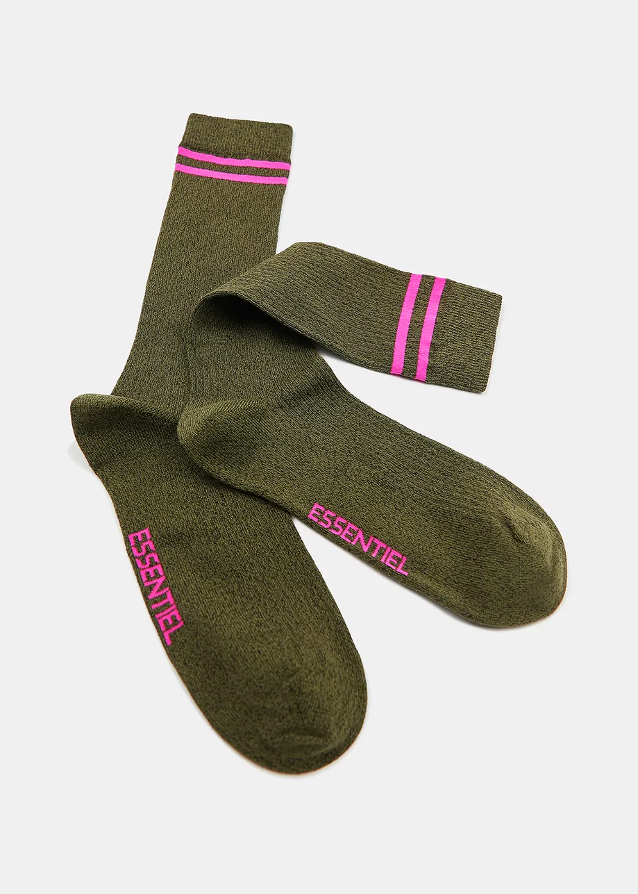 Khaki glitter socks with pink stripes