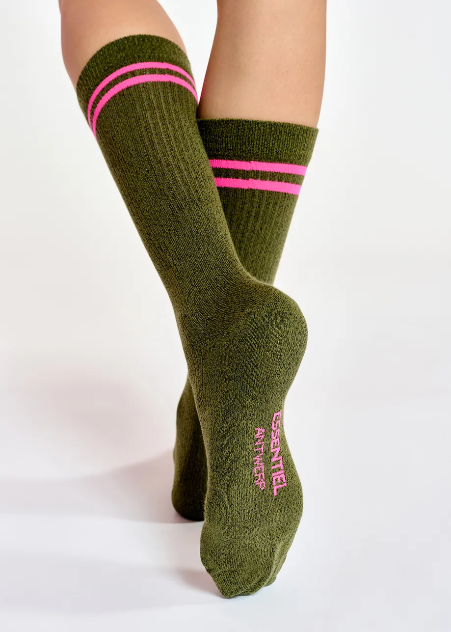 Khaki glitter socks with pink stripes