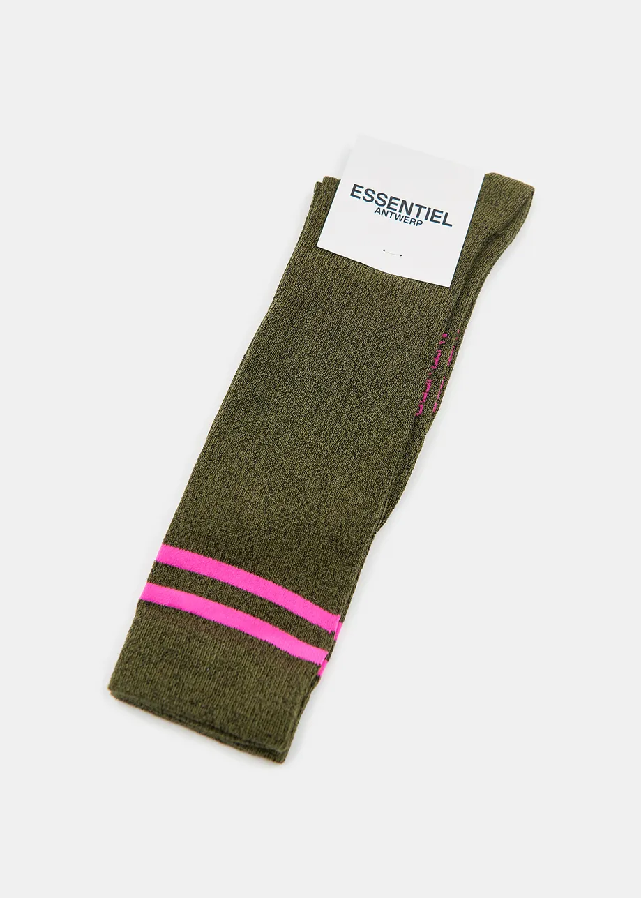 Khaki glitter socks with pink stripes