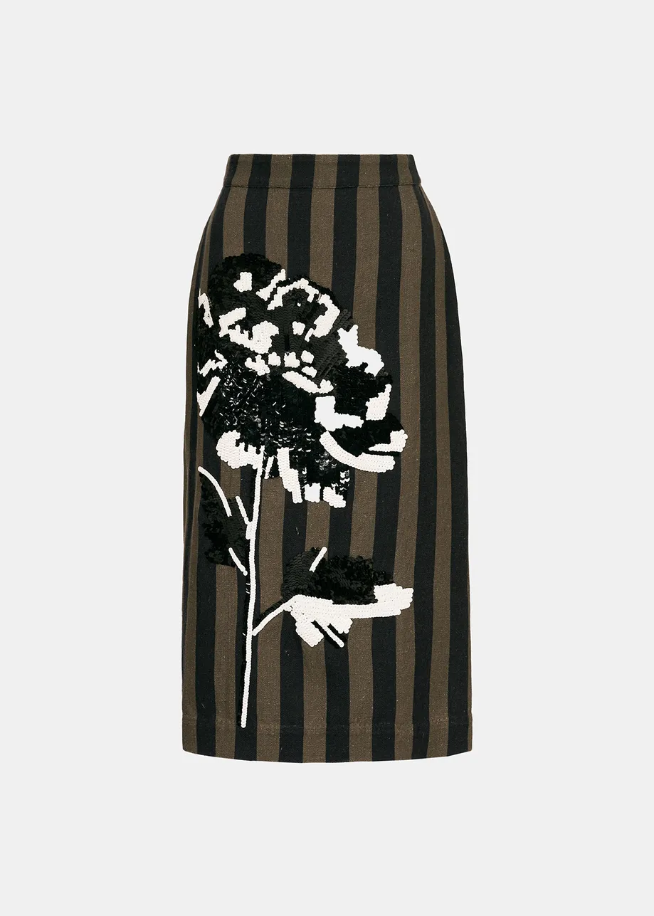 Khaki and black striped midi skirt with sequin embroideries