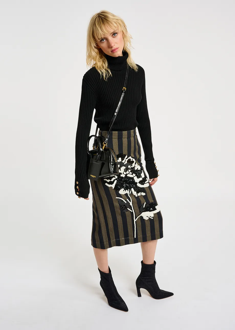 Khaki and black striped midi skirt with sequin embroideries