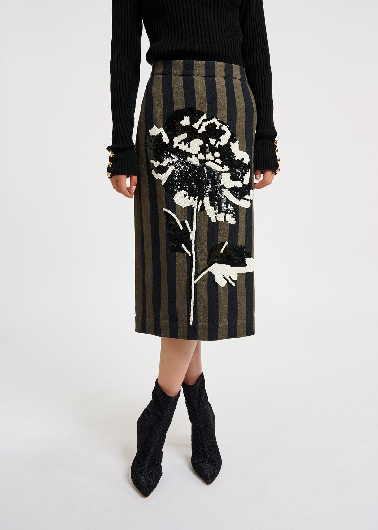 Khaki and black striped midi skirt with sequin embroideries