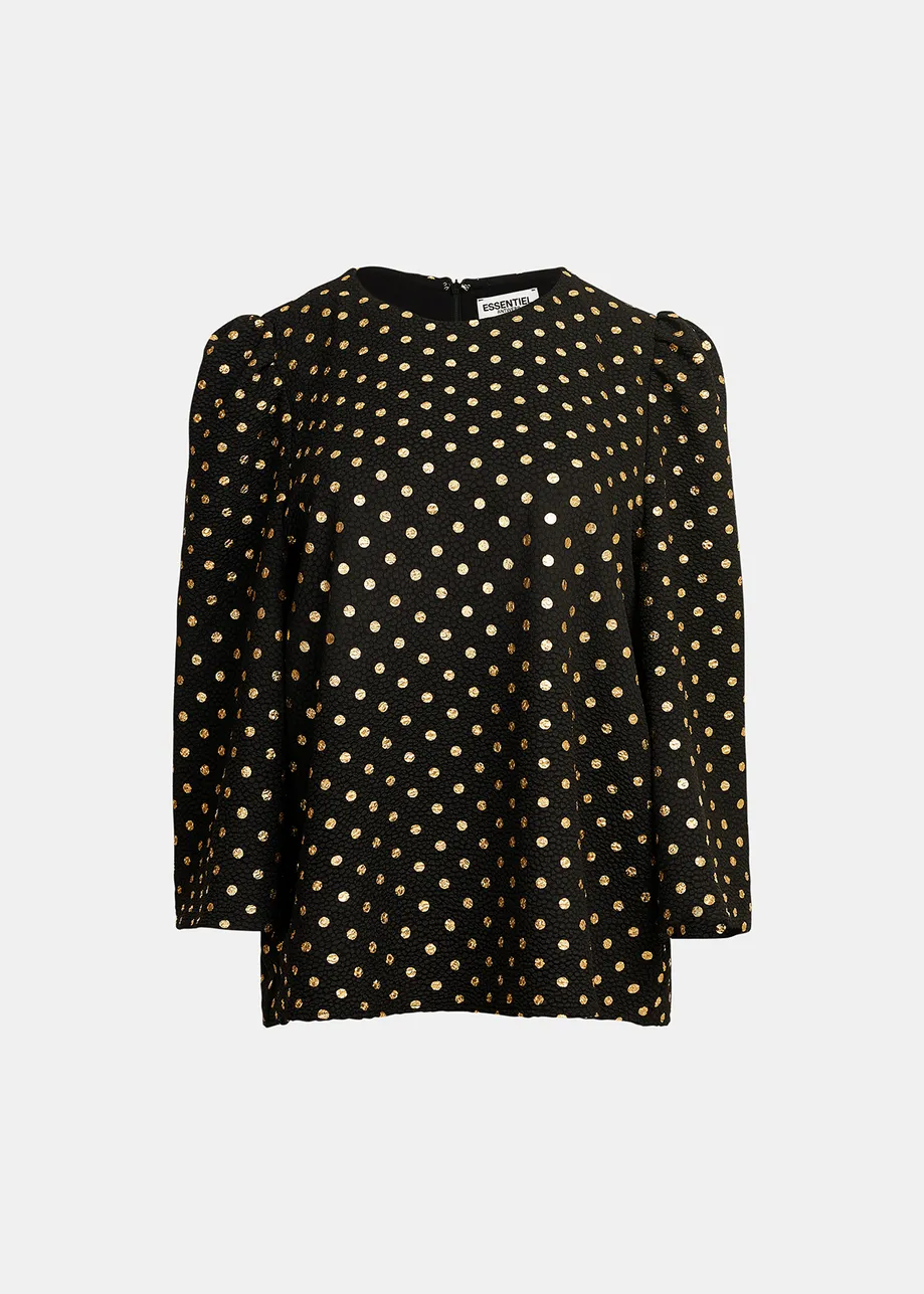 Black and gold polka-dot top with trumpet sleeves