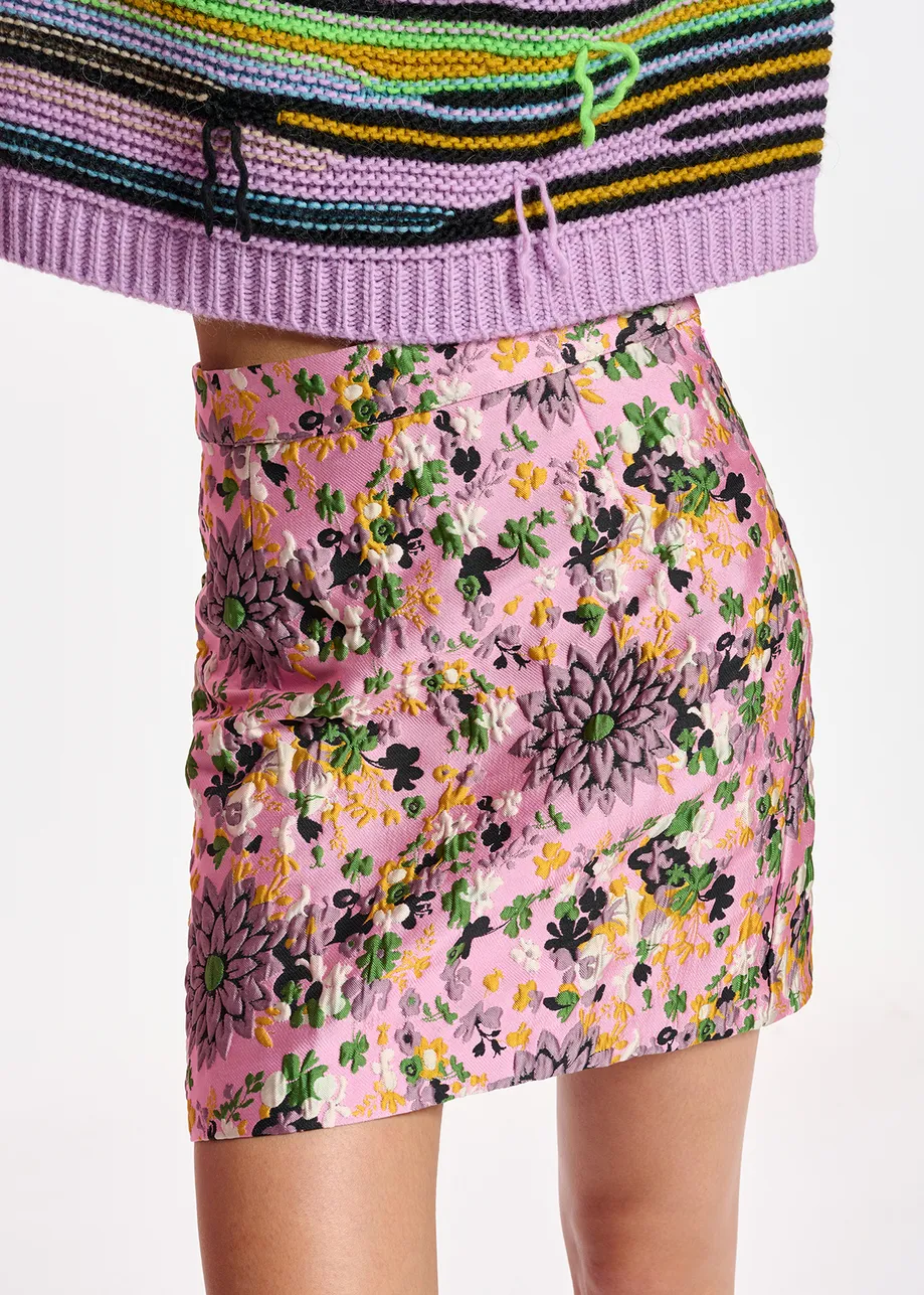 Pink floral jacquard mini skirt
