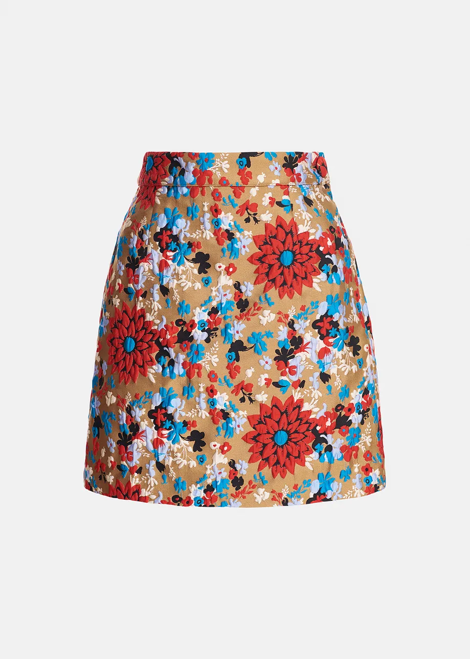 Camel floral jacquard mini skirt