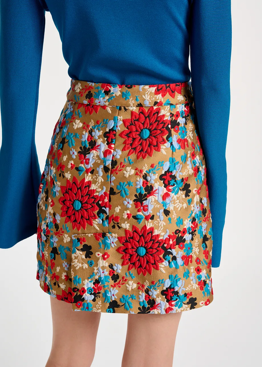 Camel floral jacquard mini skirt