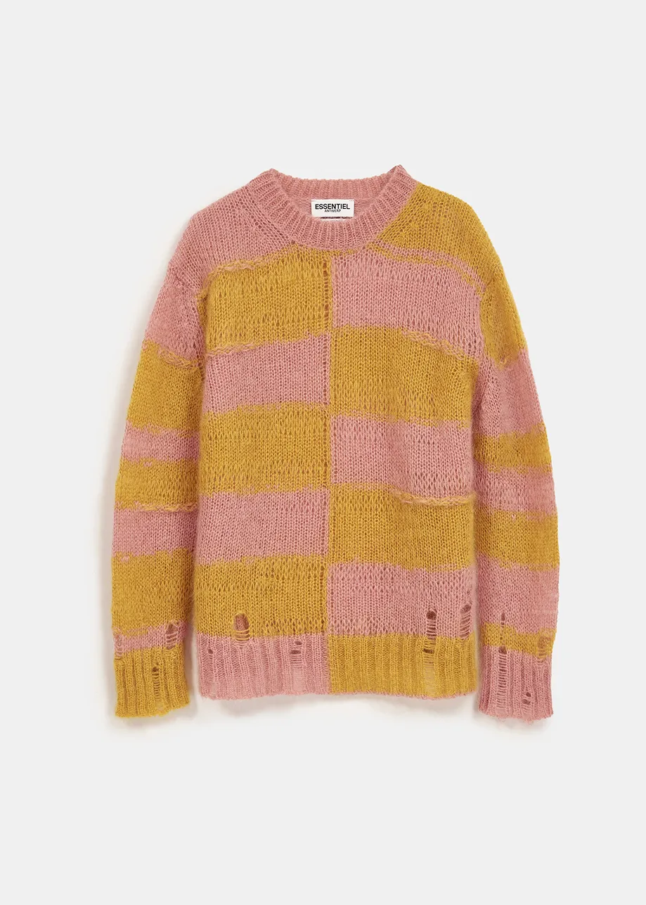 Vintage pink and ochre striped distressed knit sweater