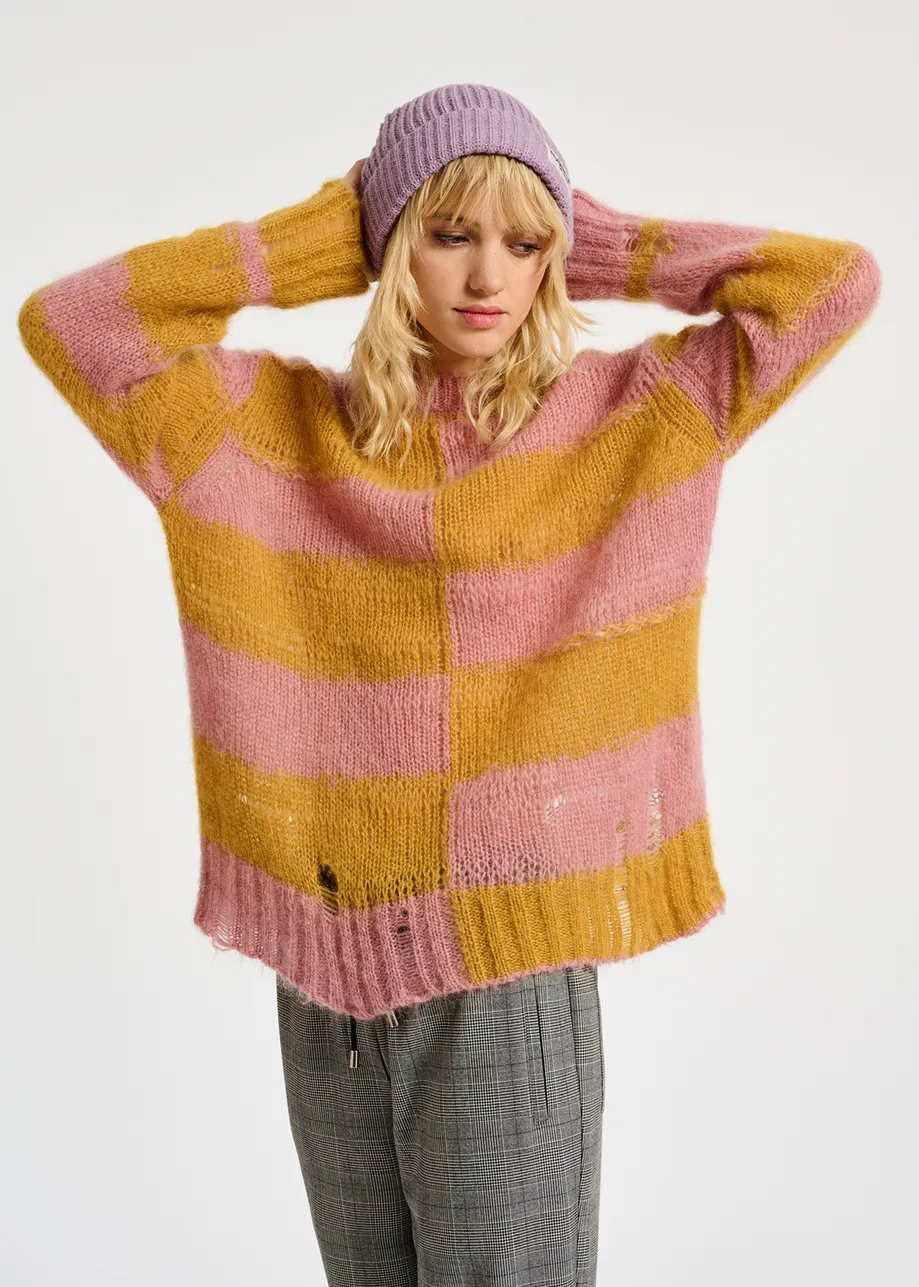 Vintage pink and ochre striped distressed knit sweater