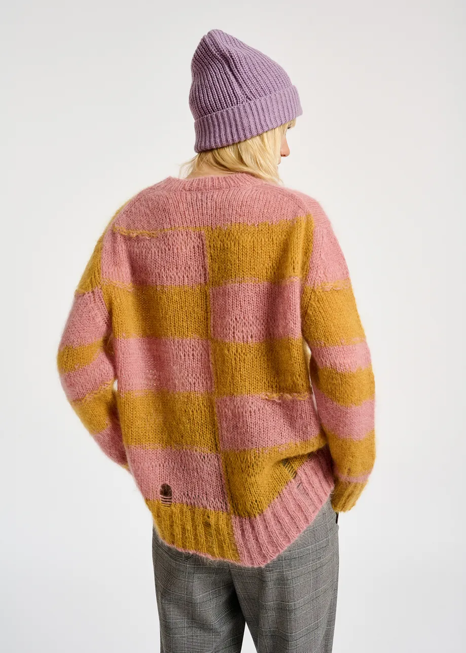 Vintage pink and ochre striped distressed knit sweater