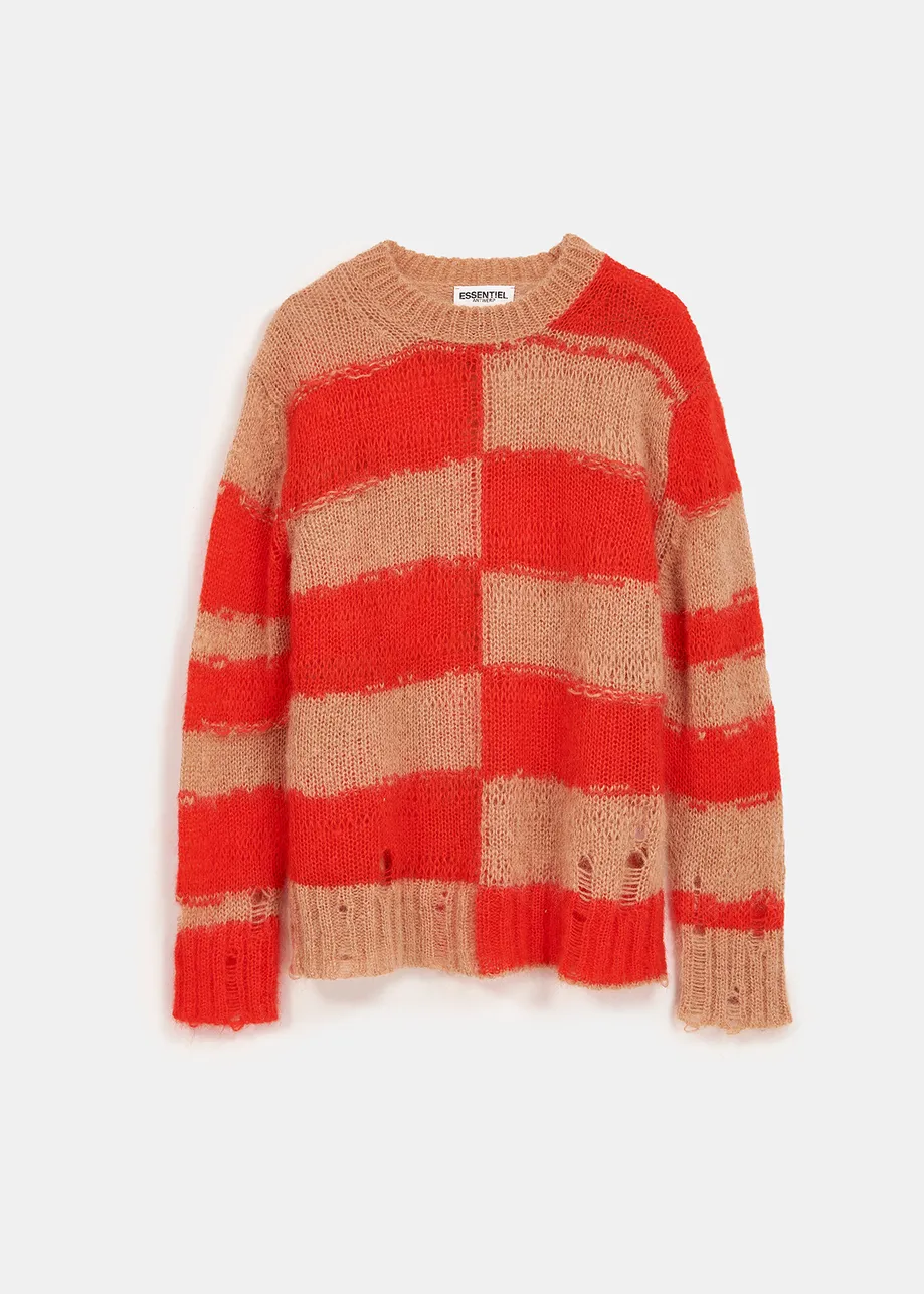 Camel and red striped distressed knit sweater