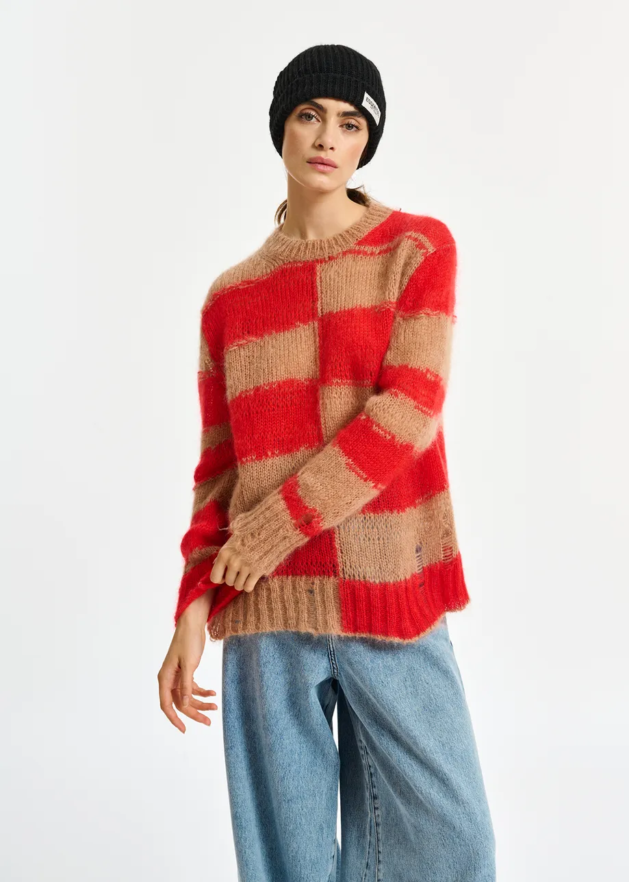 Camel and red striped distressed knit sweater