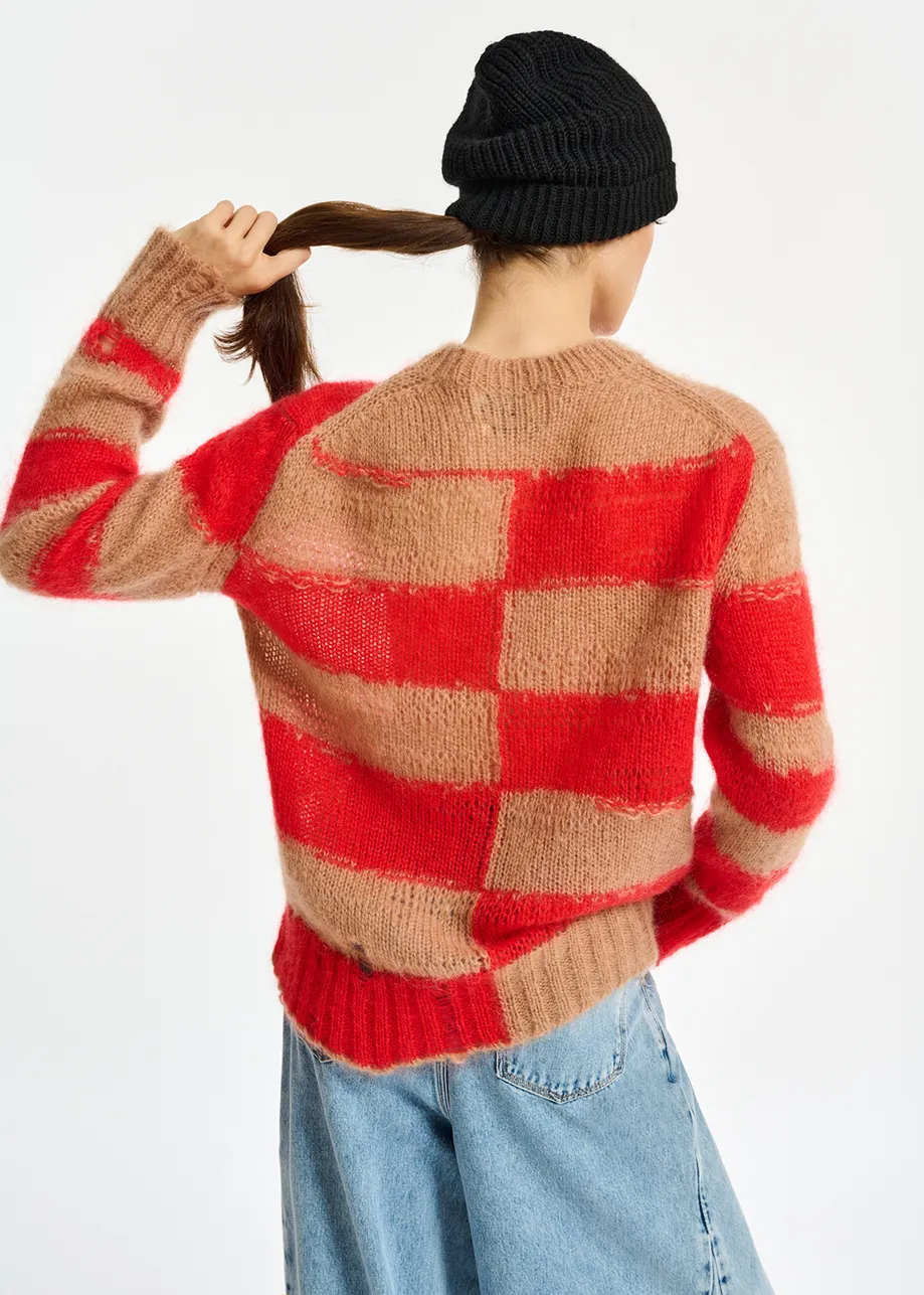 Camel and red striped distressed knit sweater