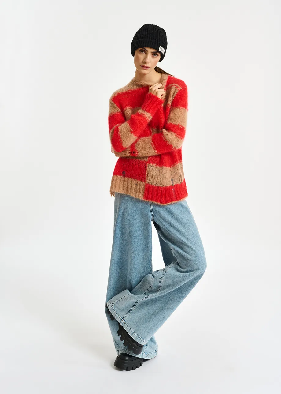 Camel and red striped distressed knit sweater