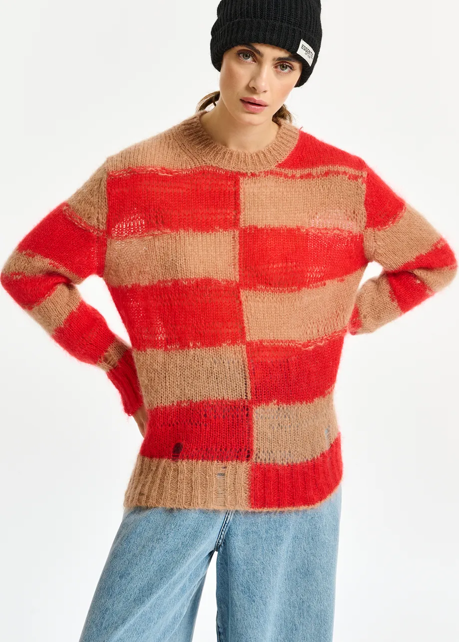 Camel and red striped distressed knit sweater