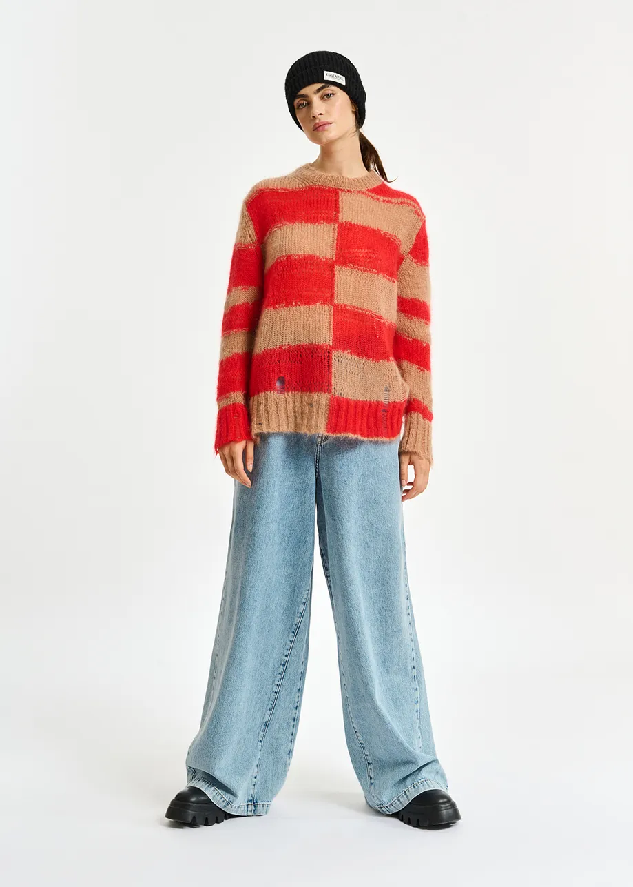 Camel and red striped distressed knit sweater