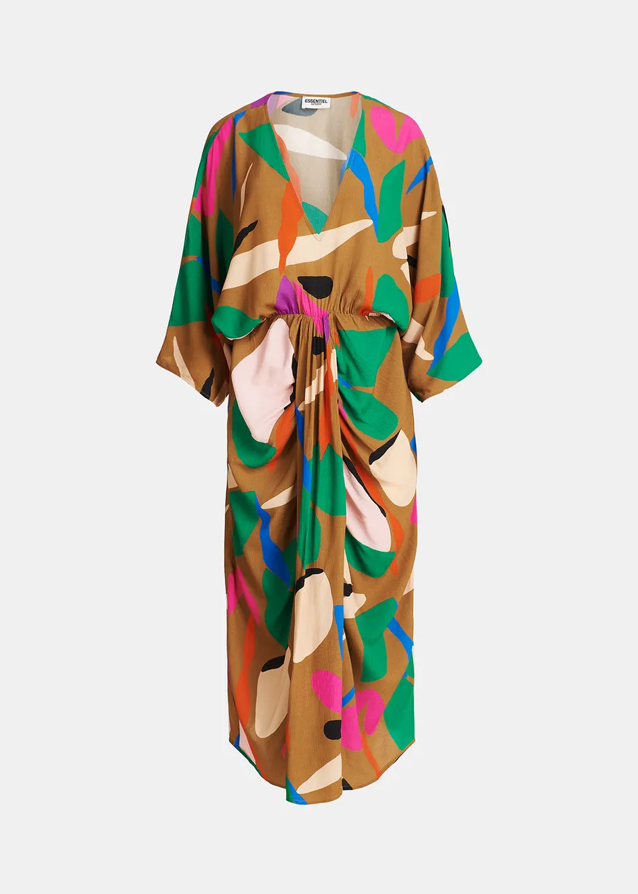 Camel kimono dress with graphic print