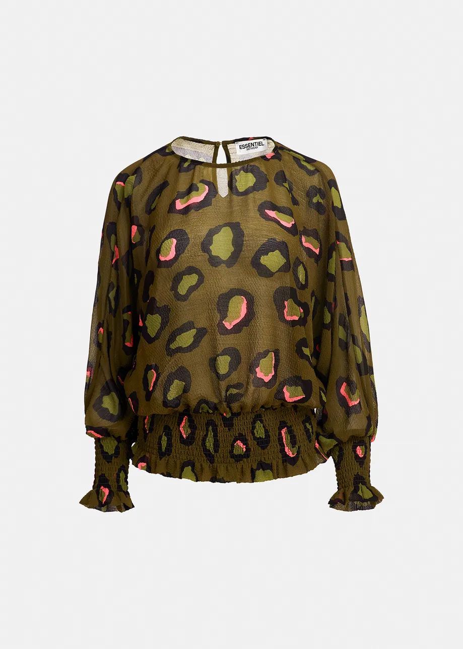 Khaki smocked top with leopard print