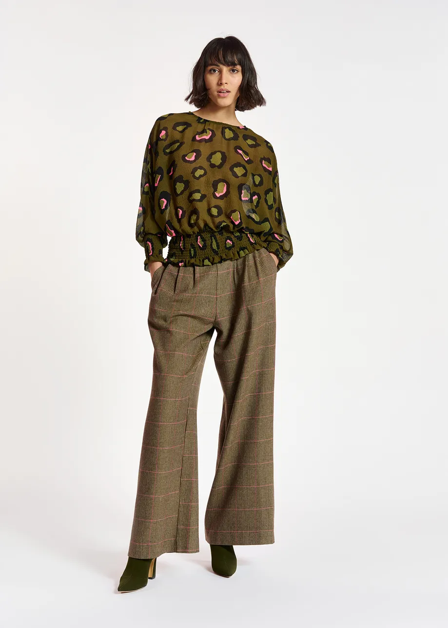 Khaki smocked top with leopard print