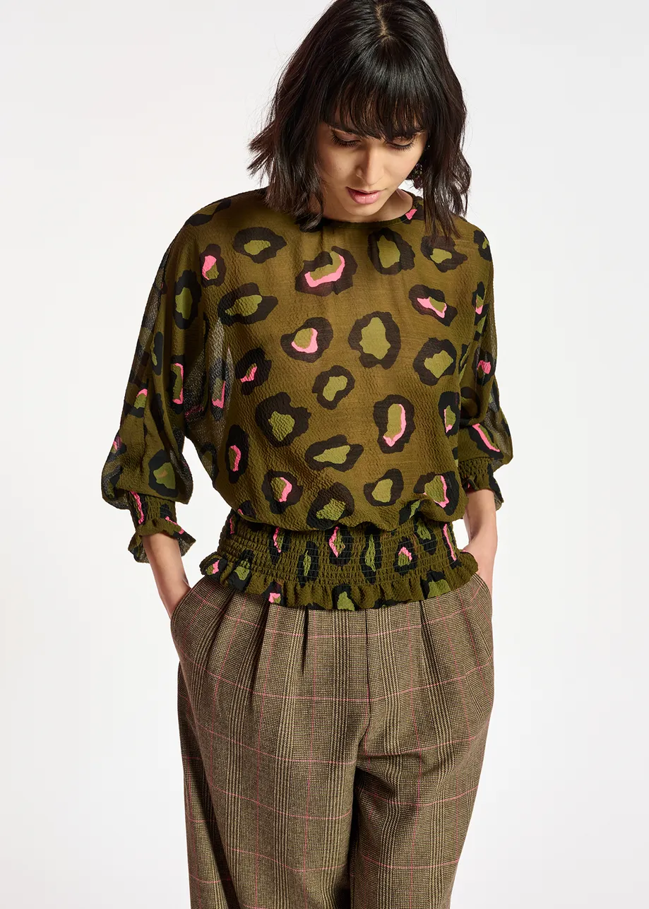Khaki smocked top with leopard print