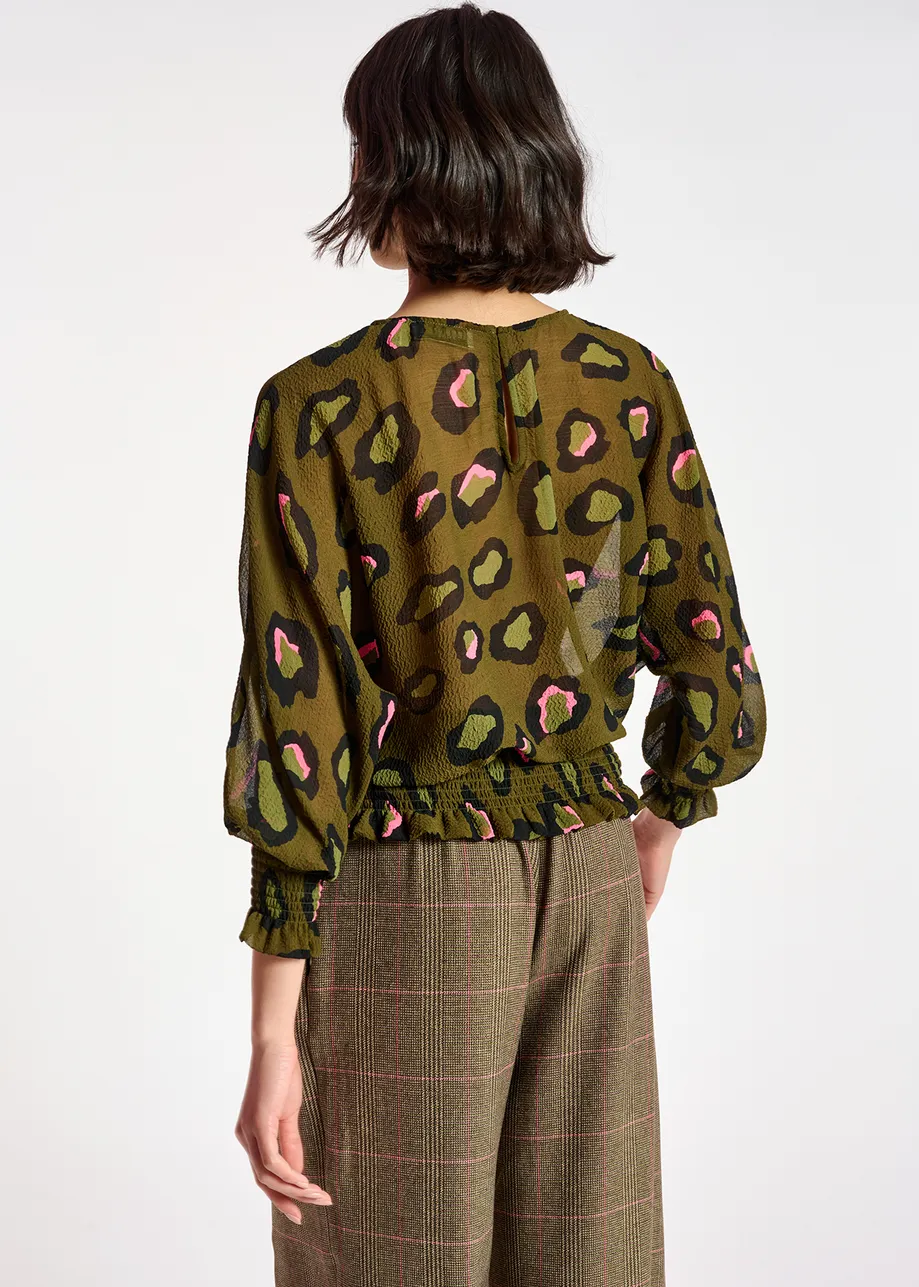 Khaki smocked top with leopard print