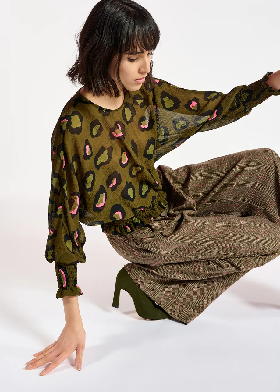 Khaki smocked top with leopard print