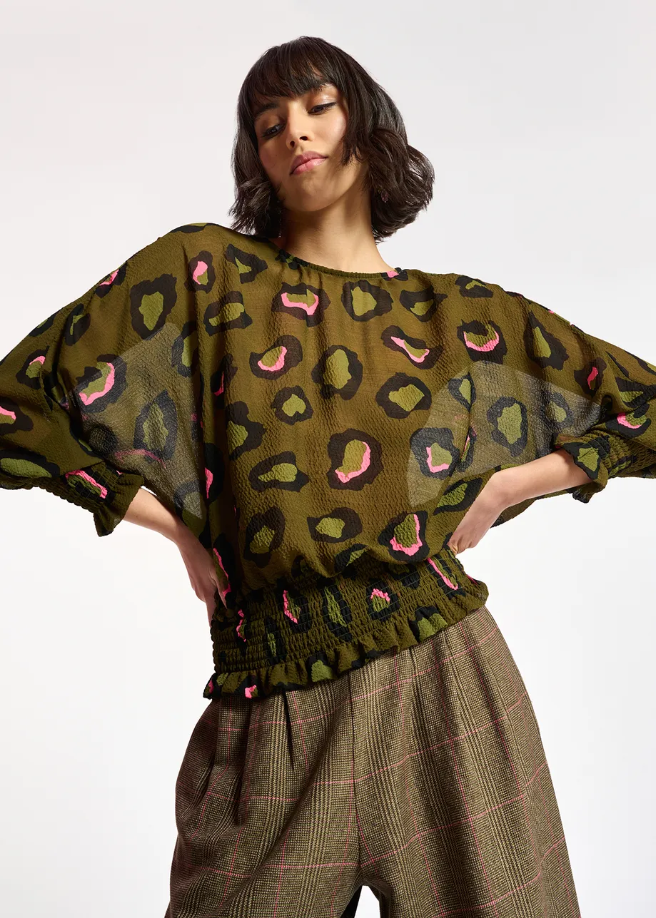 Khaki smocked top with leopard print
