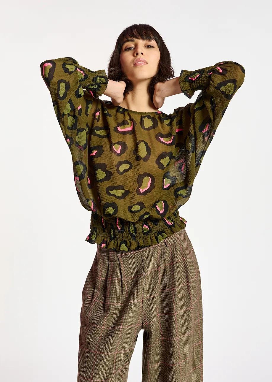 Khaki smocked top with leopard print