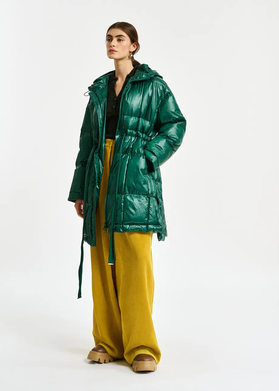 Dark green hooded puffer coat
