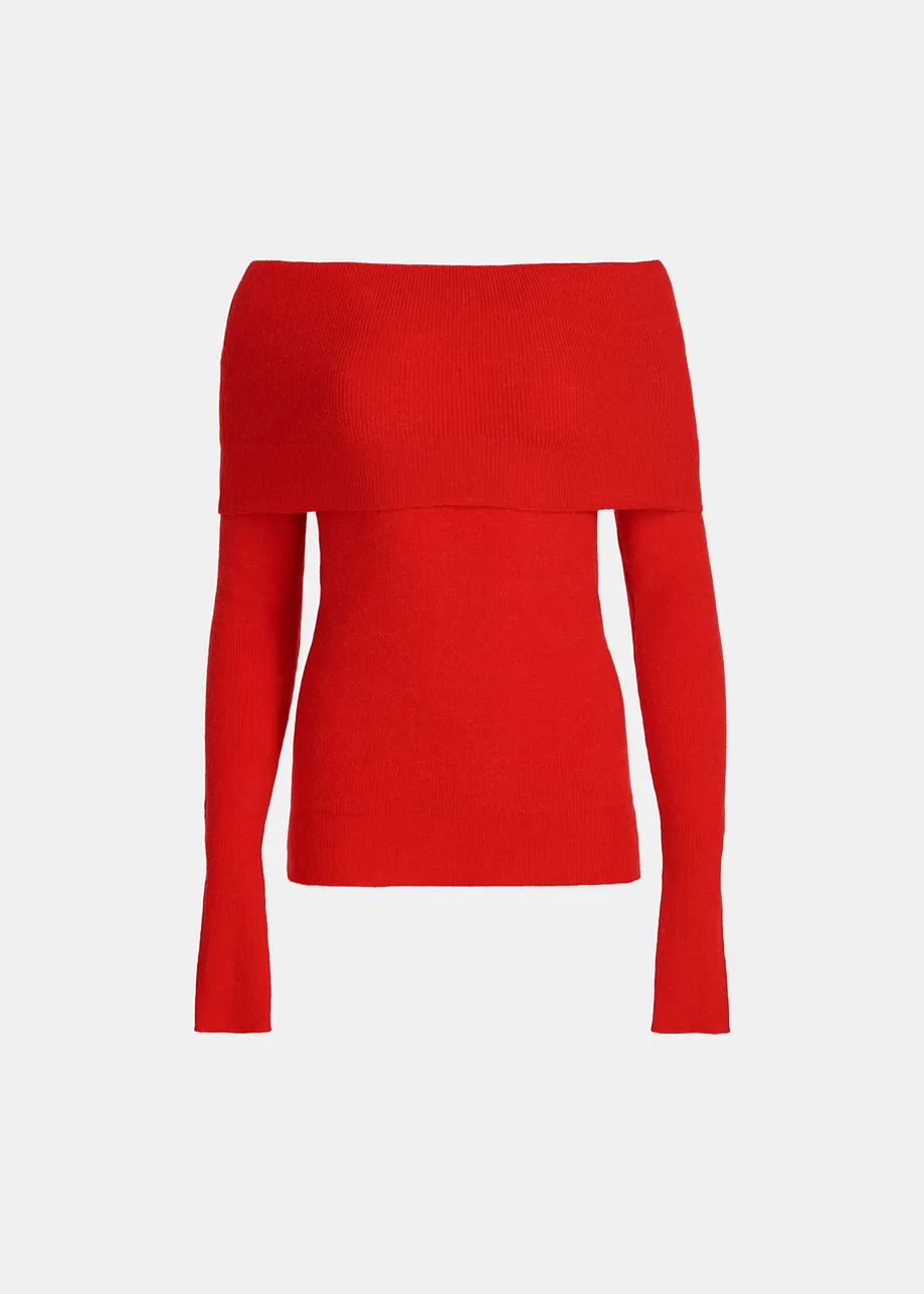 Red off-the-shoulder knit sweater