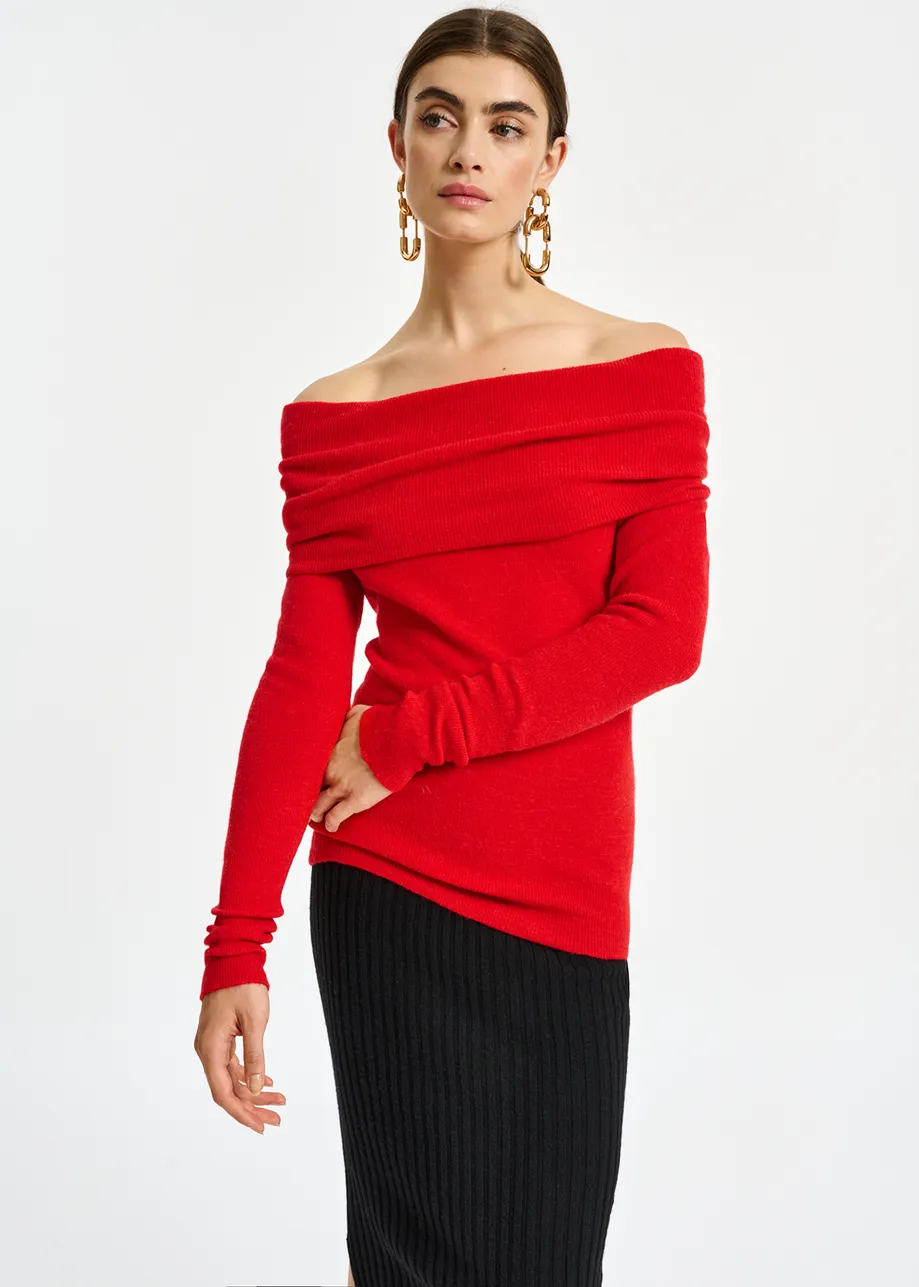 Red off-the-shoulder knit sweater