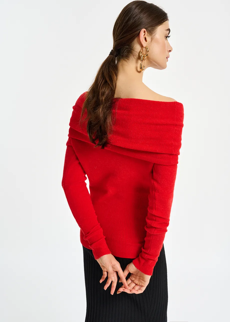 Red off-the-shoulder knit sweater