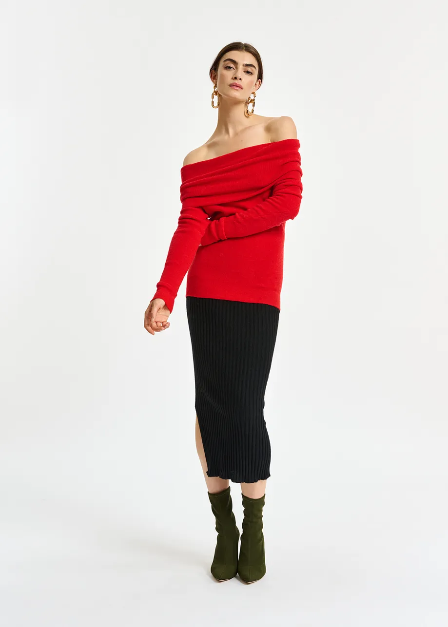 Red off-the-shoulder knit sweater