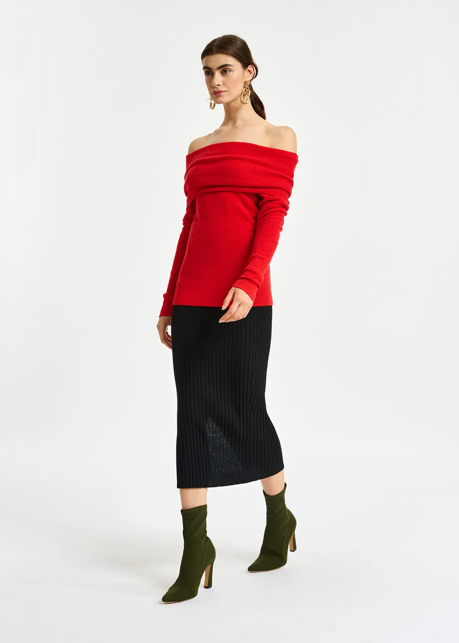 Red off-the-shoulder knit sweater