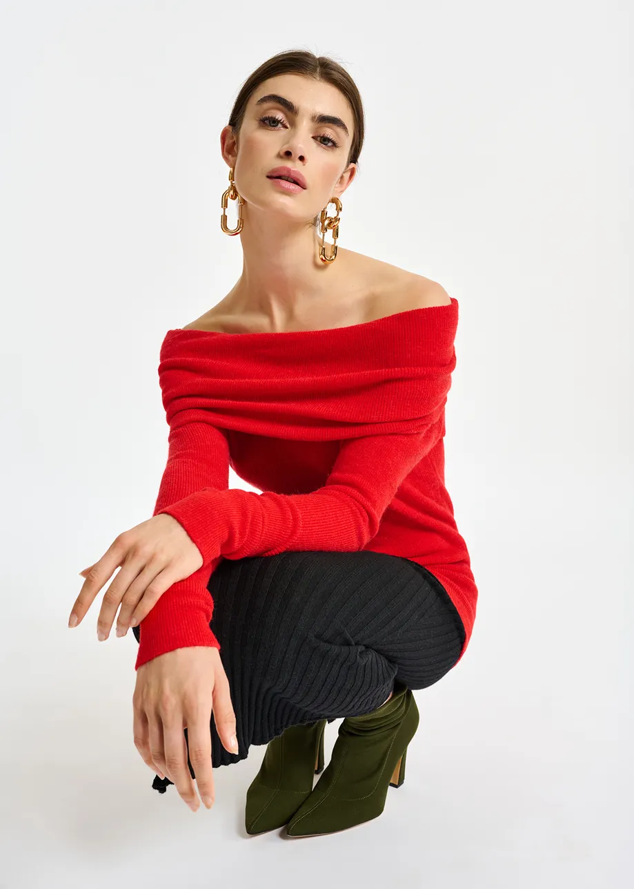 Red off-the-shoulder knit sweater