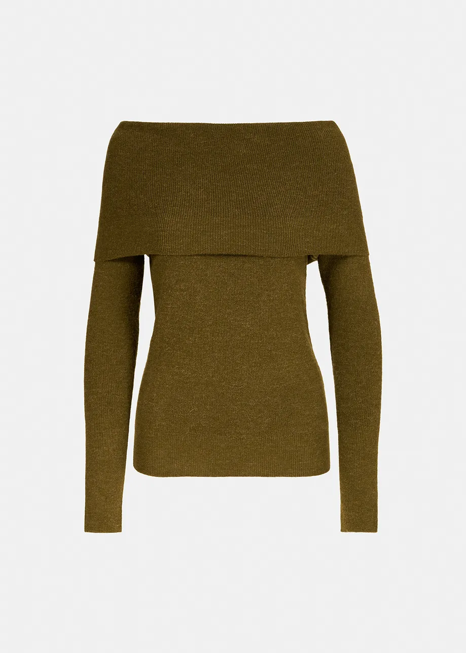 Khaki off-the-shoulder knit sweater