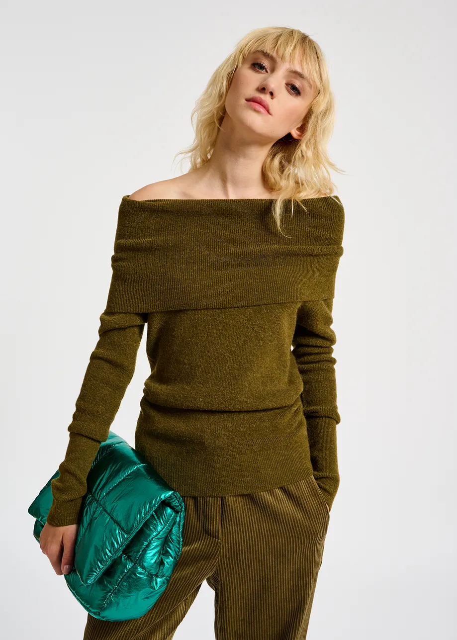 Khaki off-the-shoulder knit sweater