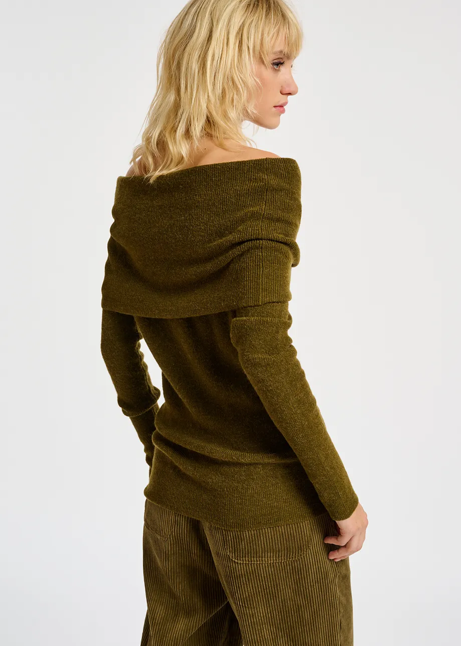 Khaki off-the-shoulder knit sweater