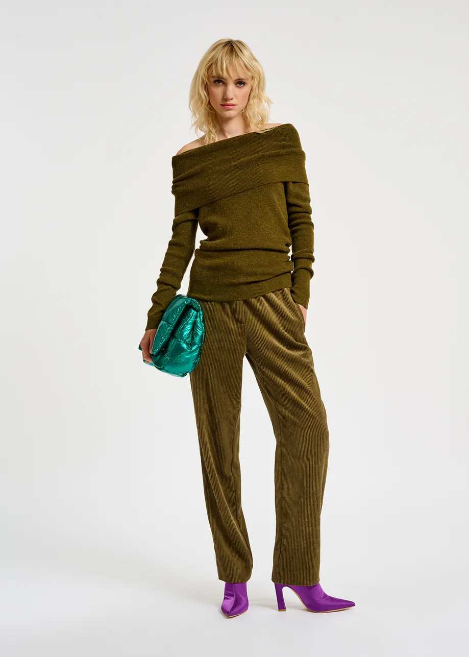 Khaki off-the-shoulder knit sweater