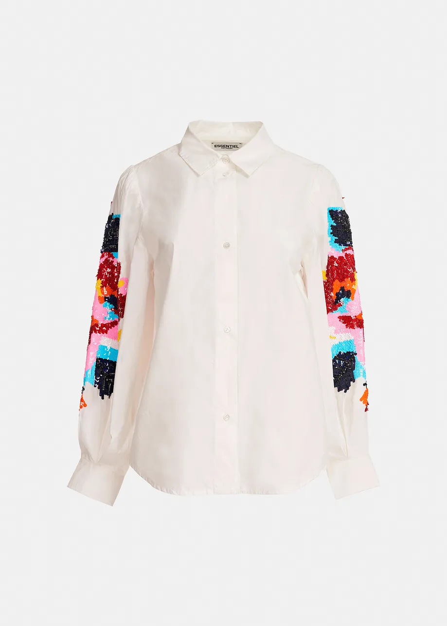 White cotton embroidered puffed-sleeve shirt