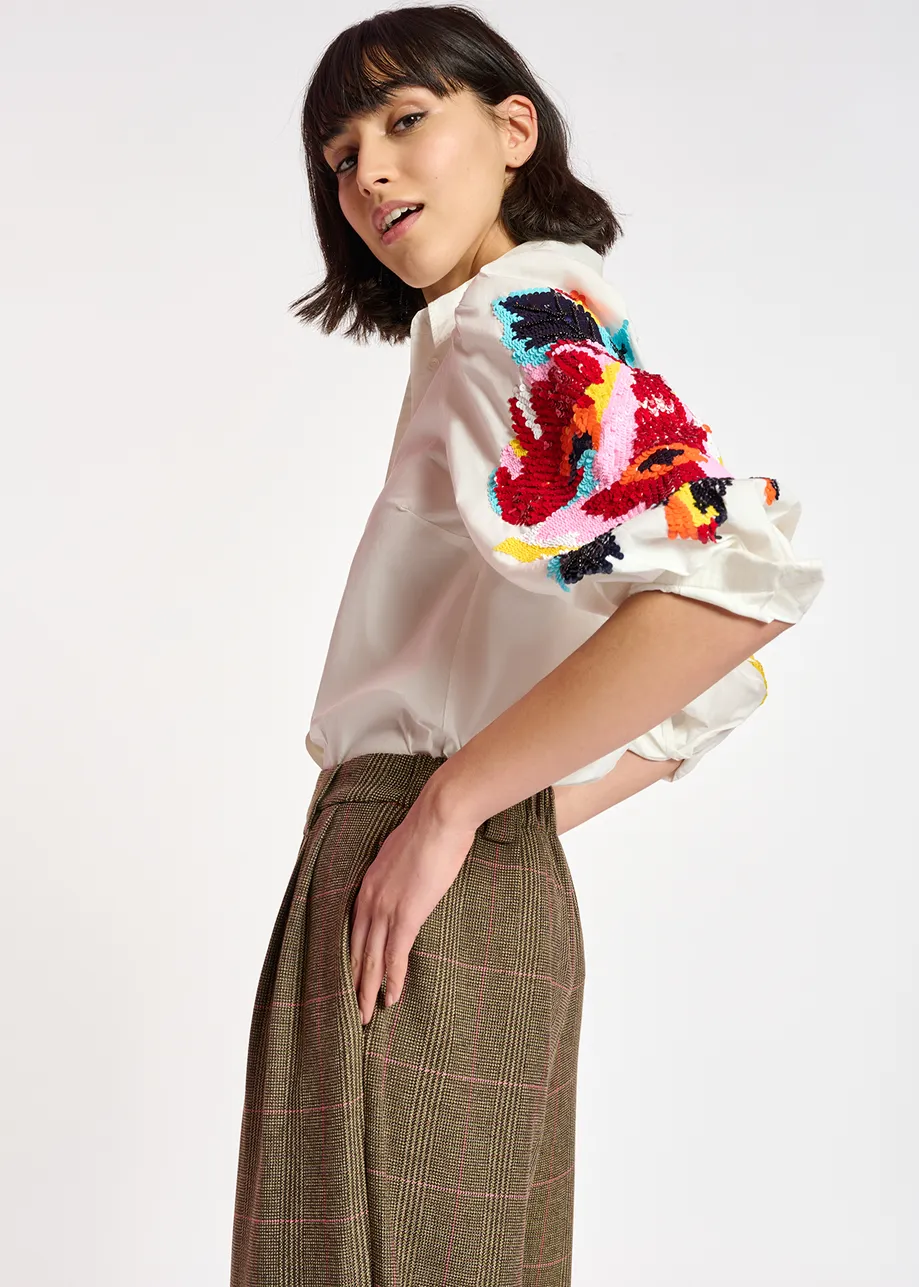 White cotton embroidered puffed-sleeve shirt