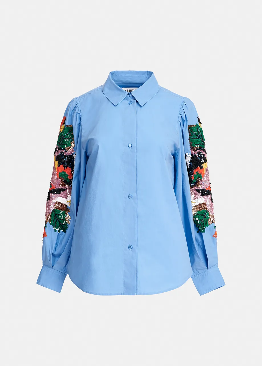 Blue cotton embroidered puffed-sleeve shirt