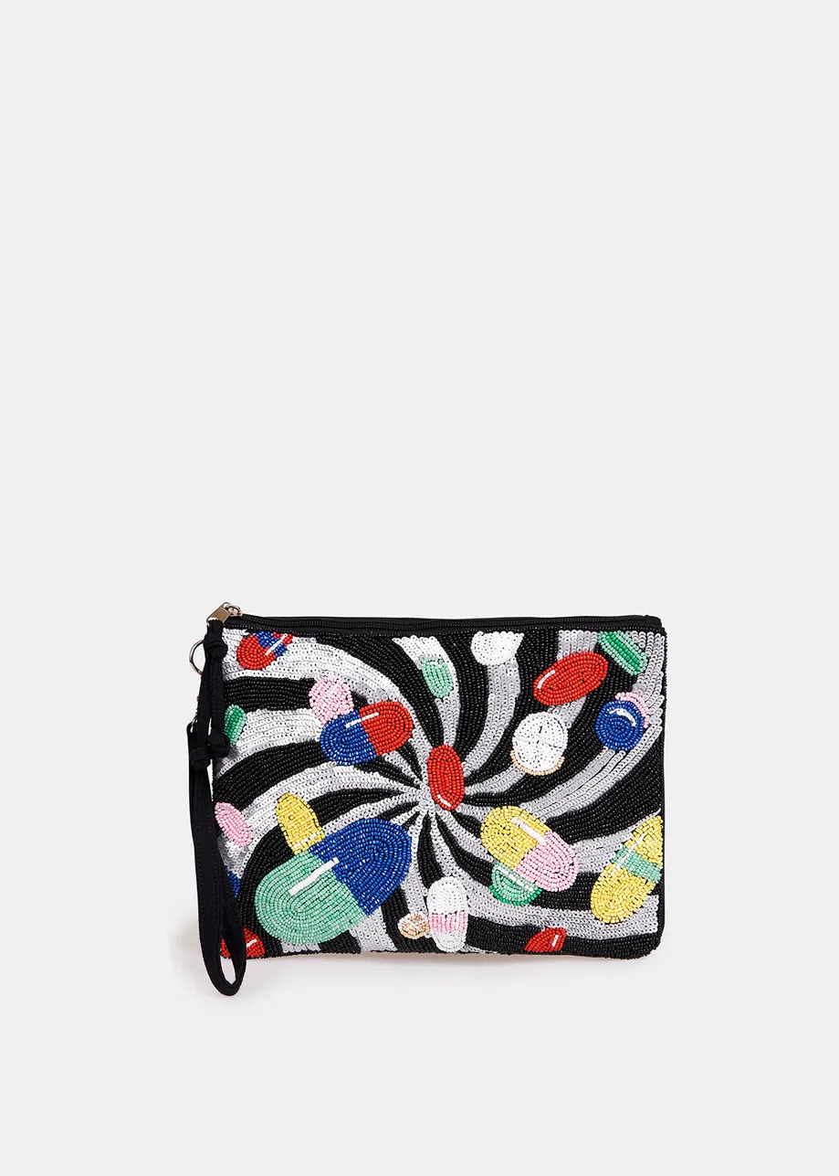 Multicolor bead-embellished 'pill' pouch