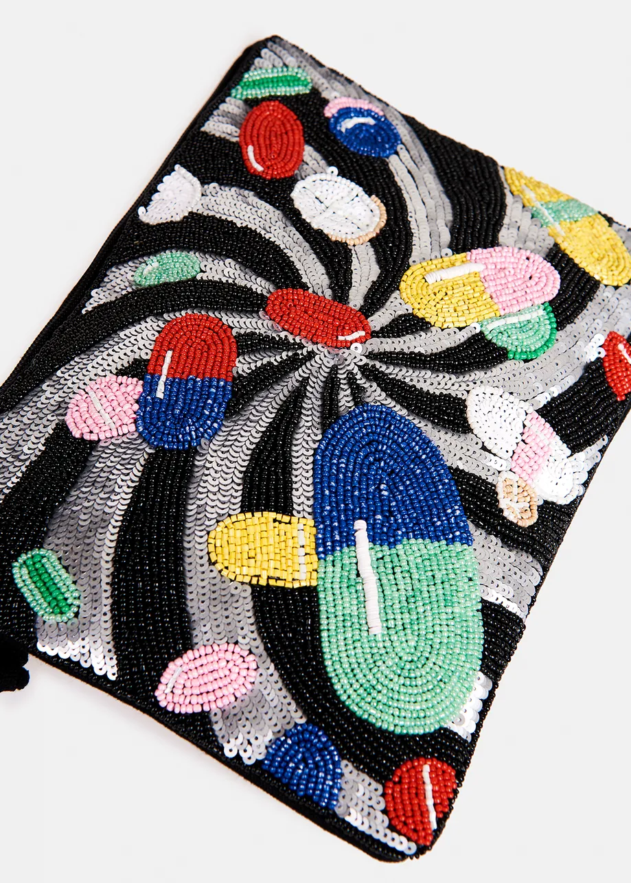 Multicolor bead-embellished 'pill' pouch